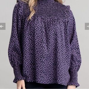 NWT Barbour Midhurst Top blouse purple floral shirring detail neck cuff